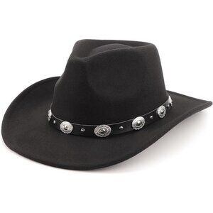 Women's Black Western with Braided Band Buckle Classic Fedora Cowboy Felt Hat